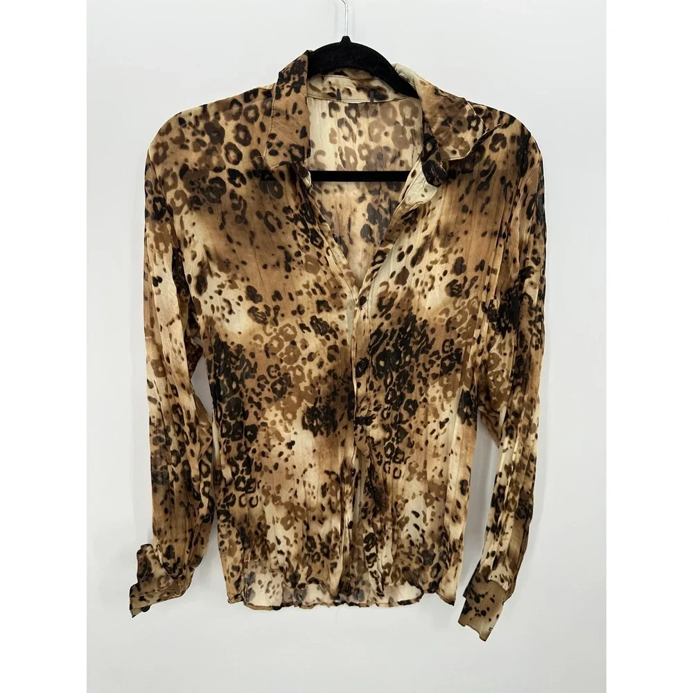 Y2K Leopard Print Button Front‎ Shirt Womens M Grunge Festival Animal Retro